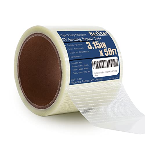 Breliter Fiberglass RV Awning Repair Tape - Repair Tape for Canvas, Tent Repair Tape for Tarp, Boat Covers, Sail, Tear Repair Patch Kit, Heavy Duty and Waterproof - 3.15 Inch Wide 50FT Long