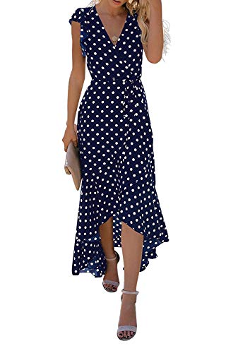 GRECERELLE Women's Summer Floral Print Cross V Neck Dress Bohemian Flowy Long Maxi Dresses PD-Navy Blue-Small