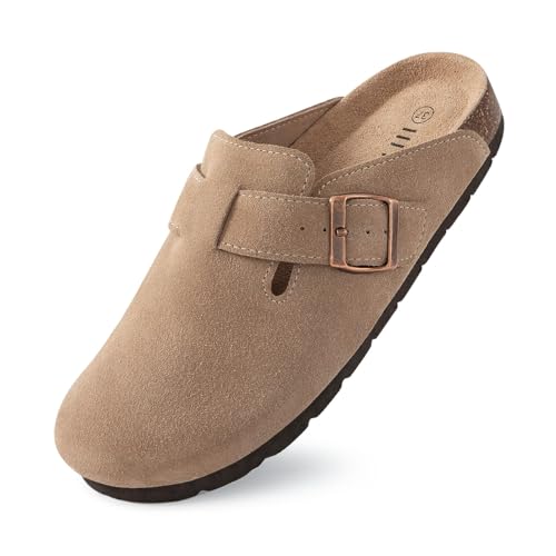 IIITHREE Women's Suede Clogs Cork Footbed Clogs for Women Soft Leather Adjustable Buckle Slip-on Potato Shoes Sandals Apricot