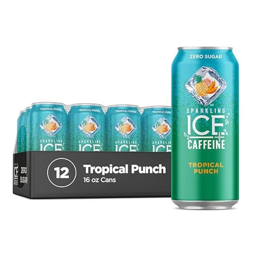 Sparkling Ice +Caffeine Tropical Punch Sparkling Water with Caffeine, Zero Sugar, with Antioxidants and Vitamins, 16 fl oz Cans (Pack of 12)
