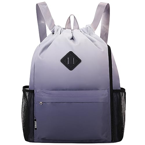 WANDF Drawstring Backpack Sports Gym Bag with Shoes Compartment, Water-Resistant String Backpack Cinch Bag for Women Men (Grey Gradient)