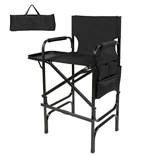 Mefeir 30' Tall Directors Chair Black Folding with Side Table Storage Bag,Portable Makeup Artist Bar Height, Aluminum Frame 300 lbs Capacity, 19.2' D x 23.6' W x 45.6' H