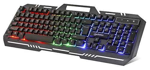 Manhattan Wired Membrane Gaming Keyboard –with Backlit RGB LED, Metal Base, IPX4 Splashproof, Phone Holder, 12 Multimedia Function Quiet Keys-for Computer, PC, Desktop, Gamer –3 Yr Mfg Warranty–180610