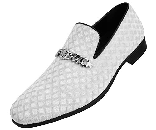 Amali Felix Loafers Men Velvet Slip On Shoes with Metal Chain Exotic Bit Tuxedo Dress Shoes Quilted Diamond Pattern, White Size 12