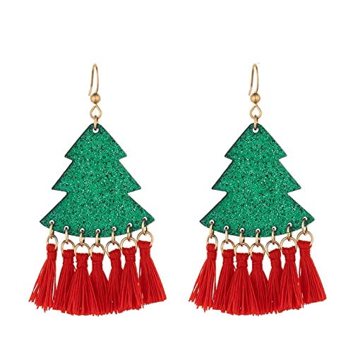 MADISON TYLER Christmas Dangle Tree Earrings for Women | Acrylic Glitter Christmas Tree with Red Tassels | Lightweight Jewelry | Xmas Holiday Earrings Gifts for Girls