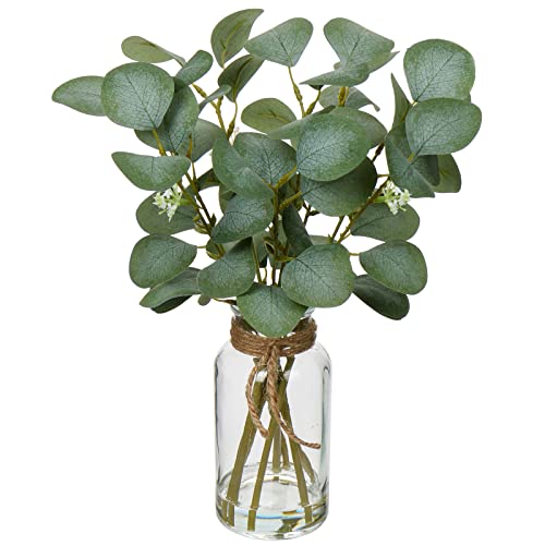 Briful Artificial Eucalyptus Stems in Glass Vase with Faux Water, 14' Fake Plant Eucalyptus Leaves for Home Office Farmhouse Wedding Centerpiece Décor