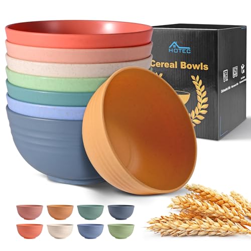 HOTEC Unbreakable Wheat Straw Cereal Bowls - Microwave & Dishwasher Safe Soup and Salad Bowls, Set of 8, 26oz, BPA Free, Multicolor