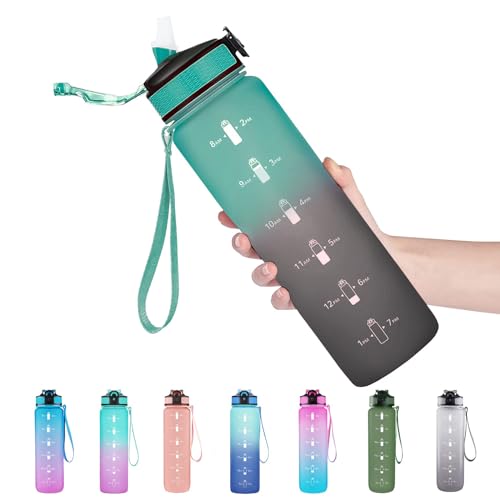 EYQ 32 oz Water Bottle with Time Marker, Carry Strap, Leak-Proof Tritan BPA-Free, Ensure You Drink Enough Water for Fitness, Gym, Camping, Outdoor Sports(green/black)