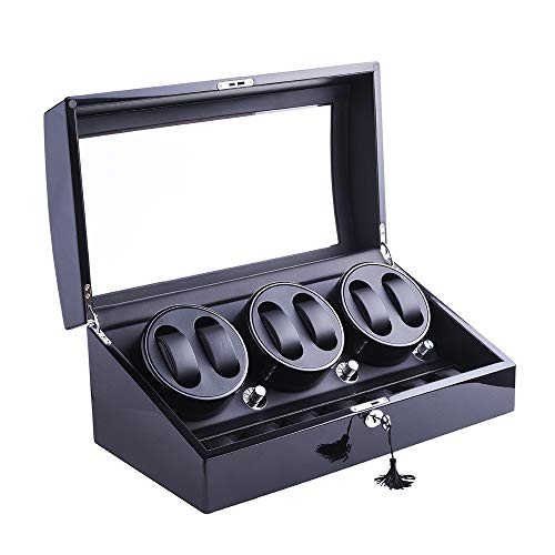 Watch Winder, XTELARY Luxury 3 Motor Quad Watch Winders for Automatic Watches Safe & Wooden Display Box Case 7+8 Storage (Black)