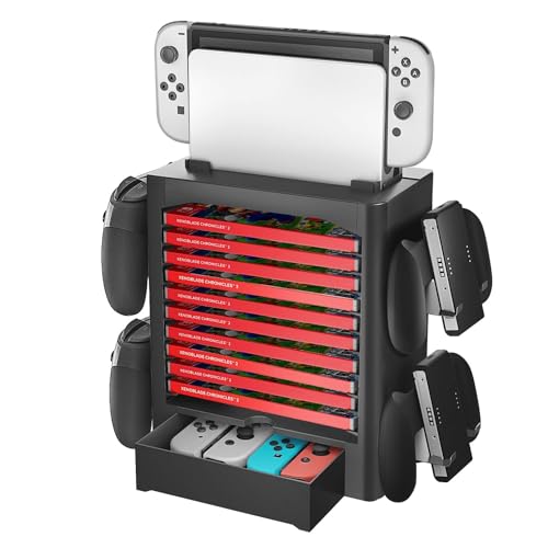 TNP Switch Organizer Station Game Storage Tower Stand for Nintendo Switch/Switch OLED with Dock Holder, 10 Game Case Vertical Shelf, 4 Controller Rack, Joy-con Drawer
