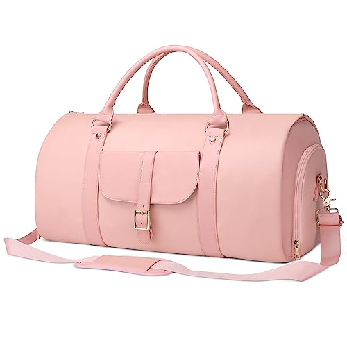 BOLOSTA Carry On Garment Bag for Women with Shoe Compartment 2 in 1 Leather Convertible Garment Duffle Bags for Travel Suit Bag for Hanging Clothes Long Dresses Mother's Day Gift for Her (Pink)