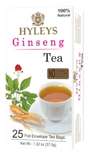 Hyleys Natural Wellness Ginseng with Green Tea - 25 Tea Bags (Gmo Free, Gluten Free, Dairy Free, Sugar Free & 100% Natural)