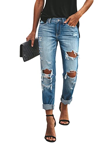 KUNMI Women's Ripped Mid Waisted Boyfriend Jeans Loose Fit Distressed Stretchy Denim Pants