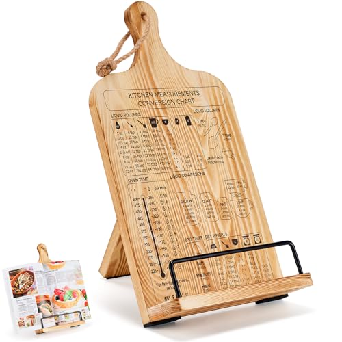 Housejoy Wooden Cookbook Stand, Hieght Adjustable Bookholder for Kitchen Counter, Cookbook Holder Stand, Wood Sturdy with Measurement Conversion Chart, Chopping Board Style Foldable Easel for Kitchen