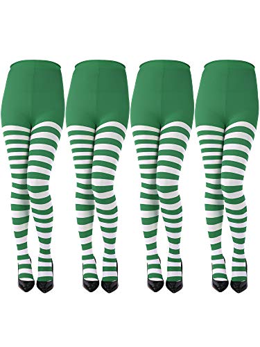 Sumind 4 Pairs Striped Tights Full Length Tights Thigh High Stocking for St Patricks Day Costume Accessory (Green and White)