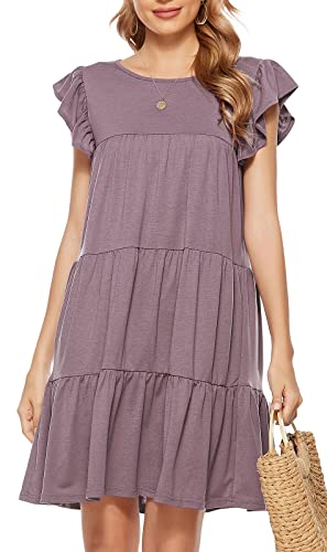 Berydress Women's Summer Ladies Ruffle Sleeve Pleat Babydoll Casual Loose Tunic Flowy Swing Mini Dress (L, 6119-Purple)