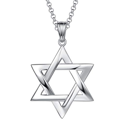 FANCIME White Gold Plated 925 Sterling Silver Star Of David Polished Shiny Pendant Necklace for Men, 19.7-INCH