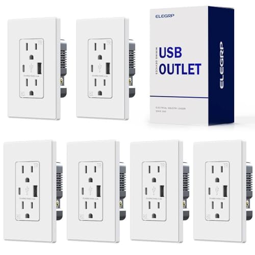 ELEGRP USB Outlets, 15 Amp Wall Outlet with USB Ports, 21W USB Outlets Receptacles with Type A & Type C Ports, Tamper Resistant Receptacle, Wall Plate Included, Ul Listed (6 Pack, Matte White)