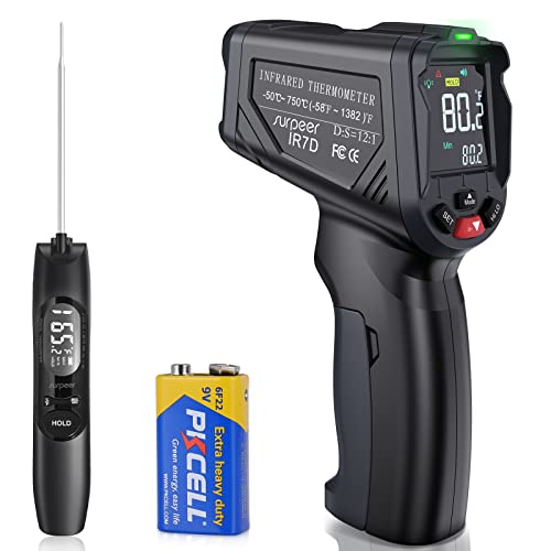 Upgraded Infrared Thermometer Gun -58°F to 1382°F Digital Laser Temperature Gun with Adjustable Emissivity & Max Measure, Surpeer Temp Gun and Meat Thermometer for Cooking, Pizza Oven, Griddle