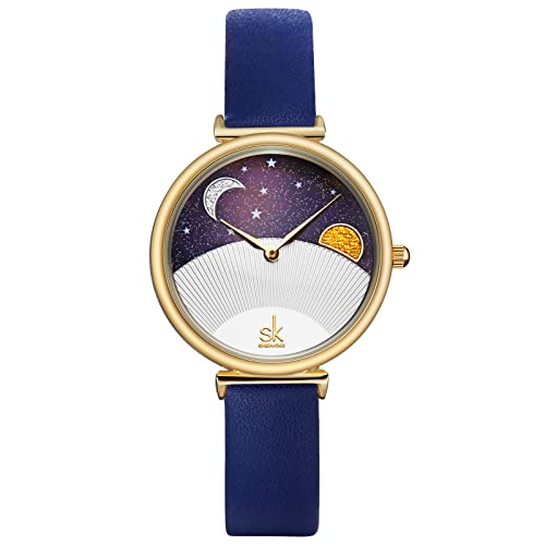 SHENGKE Fashion Watch Leather Strap Simple Decent Casual Fashion Quartz Watch (Less is More) Watch Moon Blue