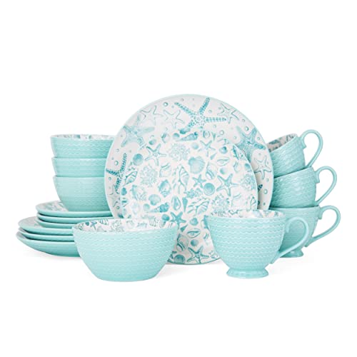 Pfaltzgraff Venice 16-Piece Stoneware Dinnerware Set, Service for 4, Aqua/White -