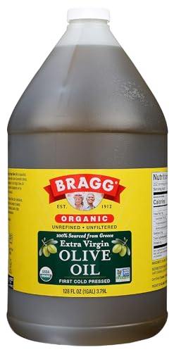 Bragg Organic Extra Virgin Olive Oil – Made with Greek Koroneiki Olives – Cold Pressed EVOO for Marinades & Vinaigrettes – USDA Certified, Non-GMO, Kosher (128 Ounce)