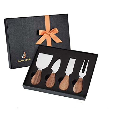 JLIAN MIOR Exquisite 4-Piece Cheese Knives Set,Complete Stainless Steel Cheese Knife Collection(Acacia Wood Handle),Gift-Ready