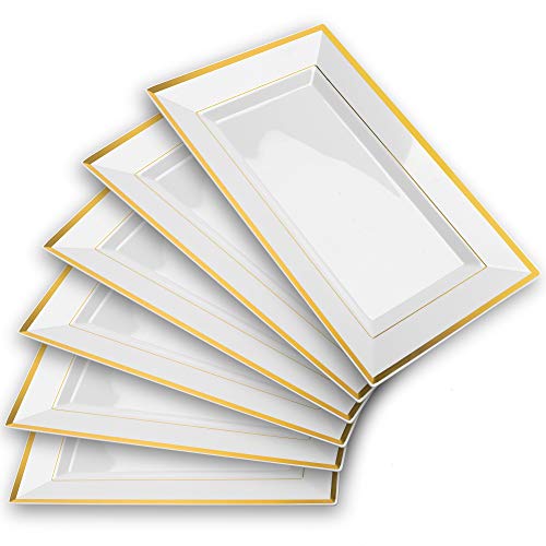 Mint Living - Elegant Plastic Serving Tray & Platter Set (6pk) - White & Gold Rim Disposable Serving Trays & Platters for Food - Weddings, Upscale Parties, Dessert Table, Cupcakes - 8 x 12.85 inches