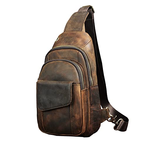 Le'aokuu Men Outdoor Casual Travel Hiking Tea Crossbody Chest Sling Bag Rig One Shoulder Strap Bag Backpack Men Leather (A 8013 Dark Brown)