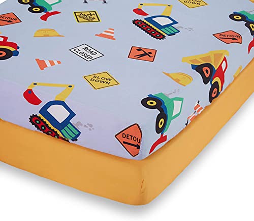 Everyday Kids 2 Pack Fitted Boys Crib Sheet, 100% Soft Breathable Microfiber Baby Sheet, Fits Standard Size Crib Mattress 28in x 52in, Nursery Sheet - Construction/Gold