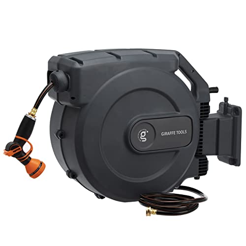 Giraffe Tools AW505/8 Retractable Garden Hose Reel 5/8' x 115+5 ft, Heavy Duty Wall Mounted Water Hose Reel Automatic Rewind, 180 Deg Swivel Bracket, Slow Retraction, 115ft, Dark Grey