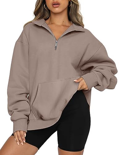 Trendy Queen Womens Quarter Zip Pullover Oversized Sweatshirts Hoodies with Pockets Half Zip Long Sleeve Fleece Jackets Crewneck Fall Outfits Cute Preppy Y2k Winter Clothes Teen Girls Fashion