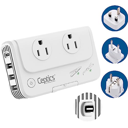 Ceptics European Travel Voltage Converter, 200W Adapter for Curling Iron, Straightener, Chargers, Step Down World Power Plug - 4 USB Charging QC 3.0 - SWadApt Compatible - Type C, E/F, G Included