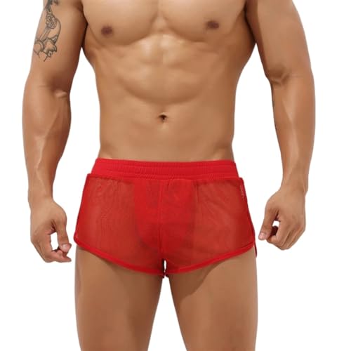 NOVYEGZL Mens Sexy Pajamas Boxer Shorts Mesh Transparent Sleep Bottoms Homewear Underwear Penis Pouch Beach Pant For Man Red, Size : X-Large