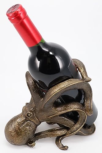 Top Brass Octopus Wine Bottle Holder - Tabletop Bar Counter Decorative Nautical Art Display - Kraken Statue Sculpture