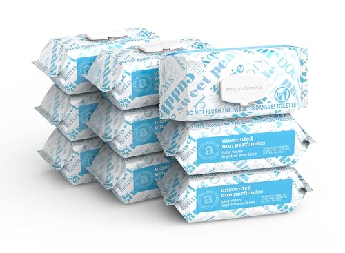 Amazon Elements Baby Wipes, Unscented, Hypoallergenic, 810 Count, Flip-Top Packs, Pack of 9