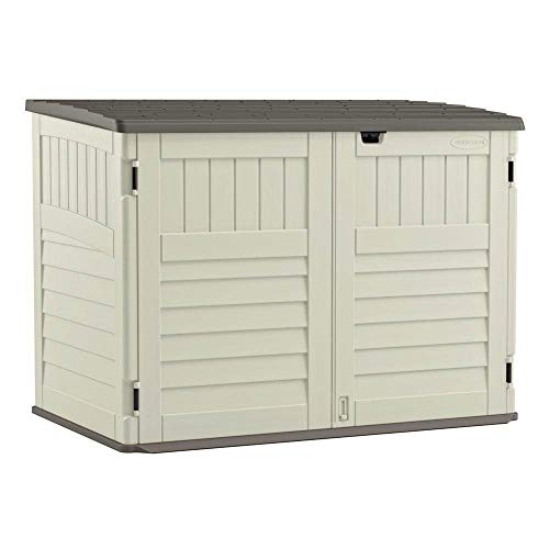Suncast 5.9 ft. x 3.7 ft Horizontal Stow-Away Storage Shed - Natural Wood-like Outdoor Storage for Trash Cans and Yard Tools - All-Weather Resin, Hinged Lid, Reinforced Floor - Vanilla and Stoney