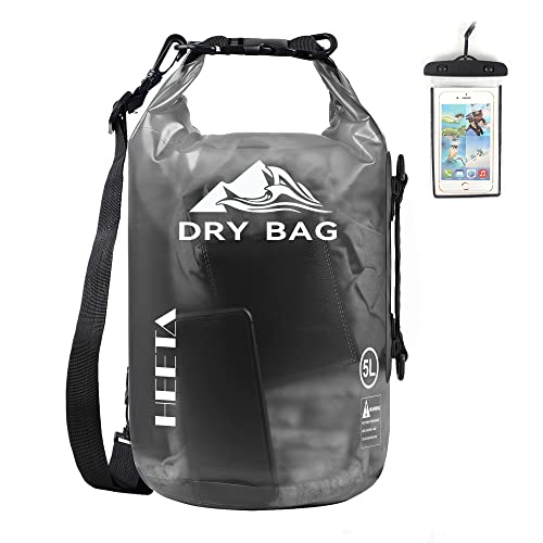 HEETA Waterproof Dry Bag for Women Men, Roll Top Lightweight Dry Storage Bag Backpack with Phone Case for Travel, Swimming, Boating, Kayaking, Camping and Beach, Transparent Black 5L