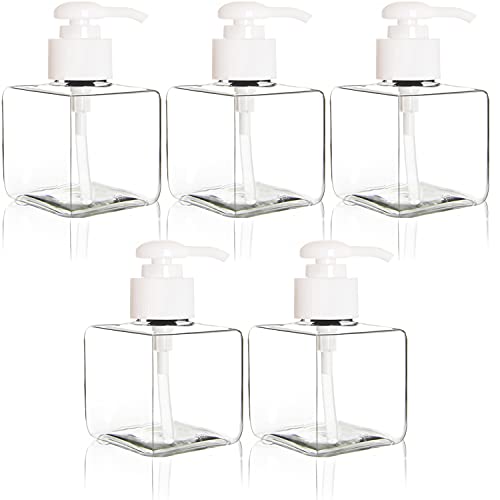 Youngever 5 Pack Clear Plastic Square Pump Bottles, Refillable Plastic Pump Bottles for Dispensing Lotions, Shampoos (8 Ounce)