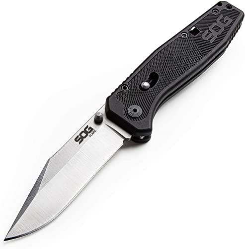 SOG Flare Folding and Pocket Knife Assisted Opening Tech Knife w/ 3.5 Inch Stainless Straight Edge Blade & Tactical Knife GRN Grip (FLA1001-CP), Black