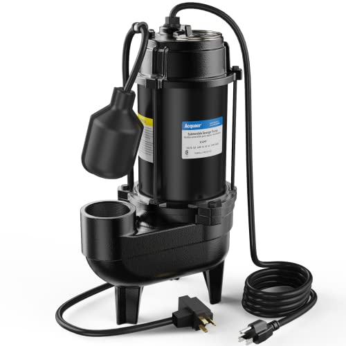 Acquaer 3/4HP Submersible Sewage/Effluent Pump, Cast Iron, 115V 6400 GPH Automatic Tethered Float Switch, Sump Pump for Sump Basin, Basement, Residential Sewage, 2'' NPT Discharge