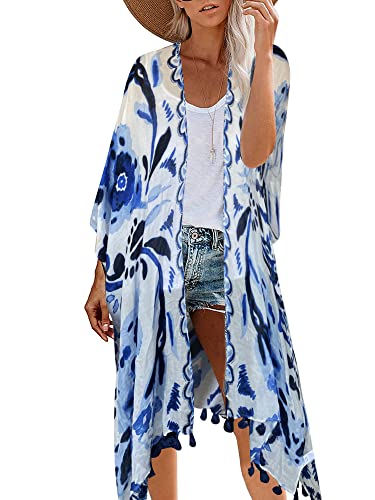 Moss Rose Women's Beach Kimonos Tops Blouses Swimsuit with Bohemian Floral Print Cover up Cardigant Shawl