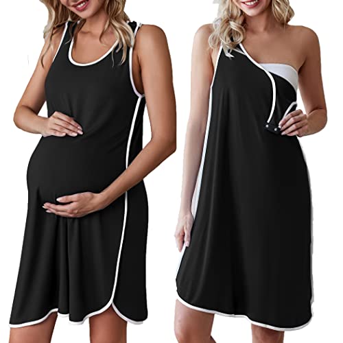 Ekouaer Womens, Nursing Nightgown Nightshirt, Snap Button Gown for Labor/Maternity/Nursing Night Dress, A_black, X-Large