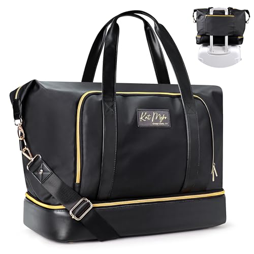Kat Myhr Weekender Bags for Women, Large Overnight Travel Bag, Travel Duffle Bag, Carry on Bag, Tote with Shoe Compartment and Luggage Trolley Pocket, Duffle Bag for Traveling, Airplanes, Gym - Black