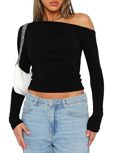 Darong Women's Casual Boat Neck Off Shoulder Long Sleeve Slim Fit Crop Top Going Out Shirts Y2K Tight T Shirts 9026 Black Small