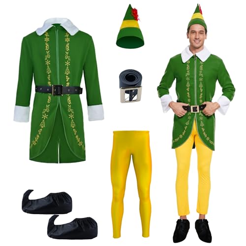 Budby the Elf Costume Mens Christmas Elf Costume Cosplay Full Set Holiday Party Costumes (3X-Large)