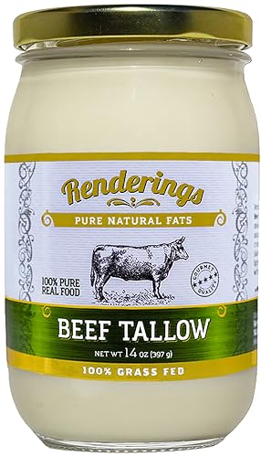 Renderings Beef Tallow, 100% Grass-Fed & Finished, Cooking, Baking and Frying, 14 oz jar