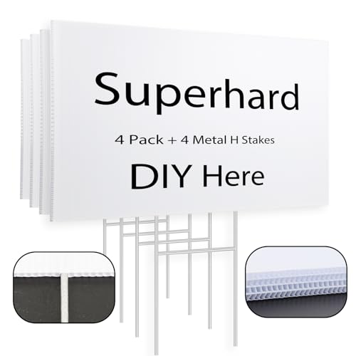 4 Pack Blank Yard Signs 17 x 12 in with Metal Stakes, White Plastic Yard Lawn Sign for Birthday Decoration,Garage Sale,Guidepost, Open House, Rent