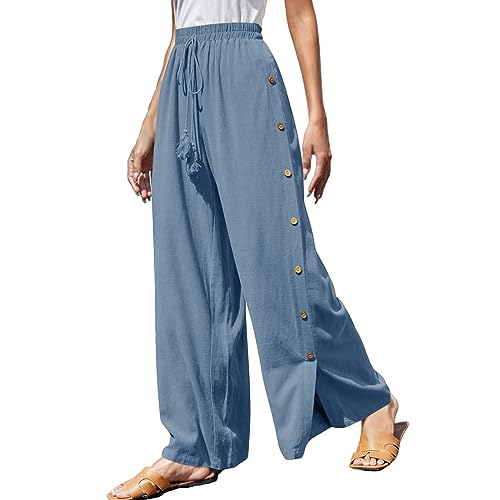 Lroplie High Waisted Shorts Women Dressy Summer I Causal Pants for Women with Pockets Elastic Waist Wide Leg Cotton Linen Baggy Flowy Trousers Palazzo Pants for Women Casual Summer Blue