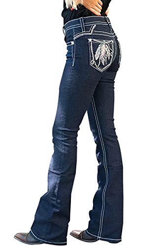 QJBMEI Bootcut Jeans for Women High Waisted Feather Embroidery Stretchy Slim Wide Leg Denim Pants,Blue,XS
